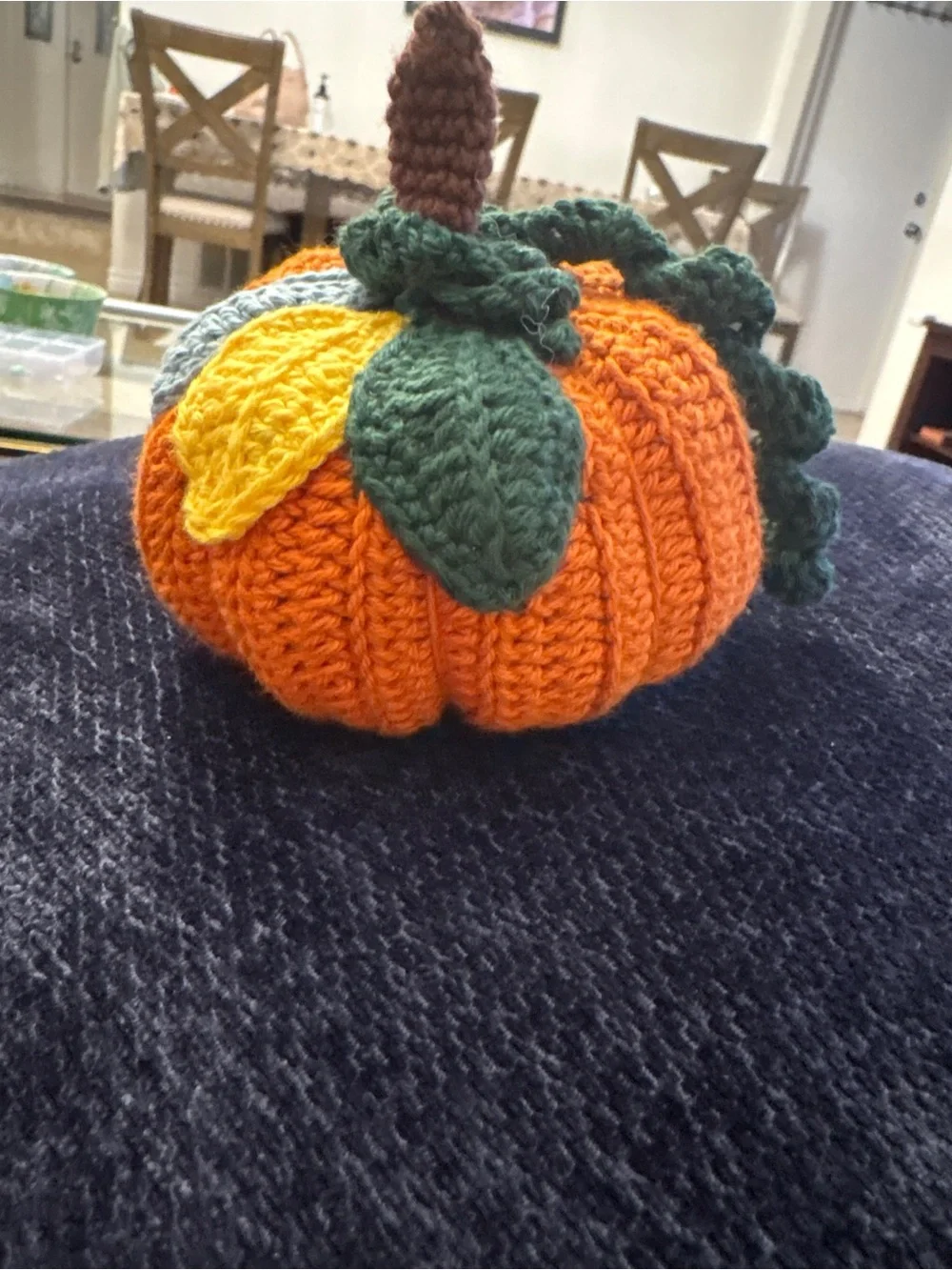 Handmade Orange Crochet Pumpkin with Green Leaves - Fall Home Accent